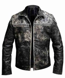 Gents Vintage Retro Distressed Black Cafe Racer Leather Jacket