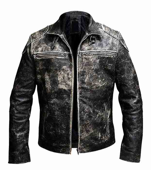 Gents Vintage Retro Distressed Black Cafe Racer Leather Jacket