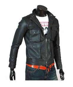 Men Slim Fit Multi Pockets Black Leather Jacket