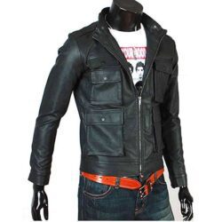 Men Slim Fit Multi Pockets Black Leather Jacket