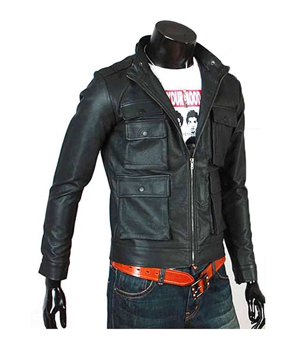 Men Slim Fit Multi Pockets Black Leather Jacket