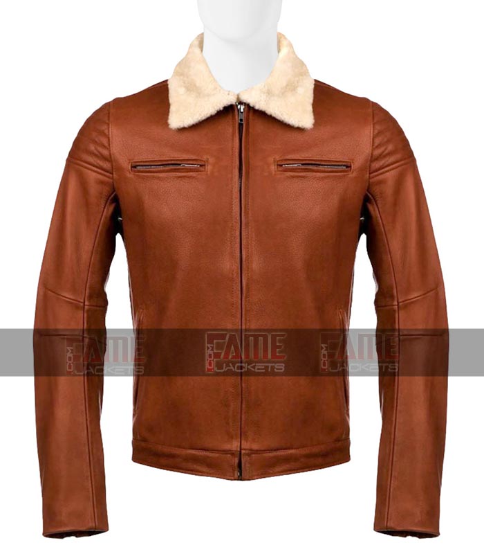 Men Tan Brown Real Leather Fur Collar Jacket