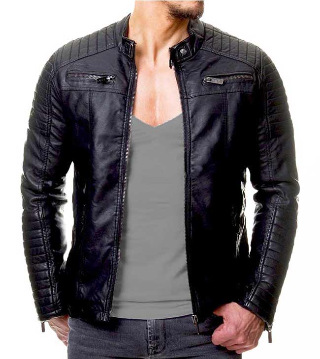 Mens Vintage Cafe Racer Black Leather Semi Fitted Biker Jacket