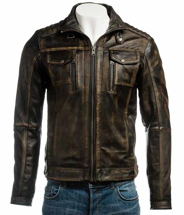 Men Vintage Leather Distressed Cafe Racer Jacket
