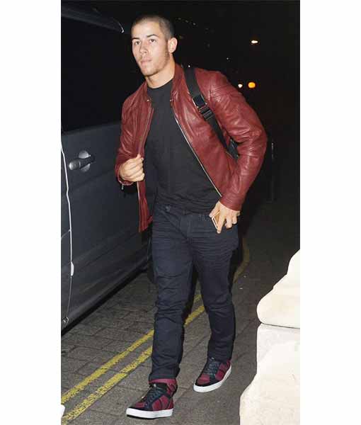Nick Jonas Maroon Moto Leather Jacket for Men