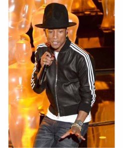 Pharrell Williams 2014 Black and White Strap Real Leather Jacket