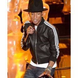 Pharrell Williams 2014 Black and White Strap Real Leather Jacket