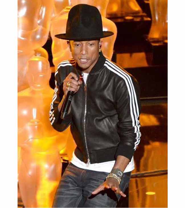 Pharrell Williams 2014 Black and White Strap Real Leather Jacket