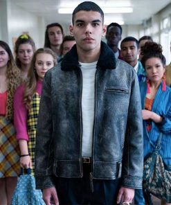 Sex Education S02 Sami Outalbali Distressed Grey Leather Jacket