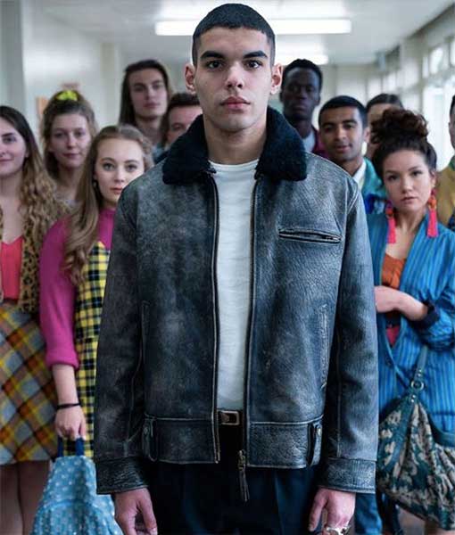 Sex Education S02 Sami Outalbali Distressed Grey Leather Jacket