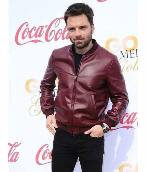 Sebastian Stan Red Bomber Leather Jacket