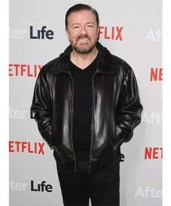 Alternative view of Ricky Gervais After Life Black Fur Collar Leather Jacket