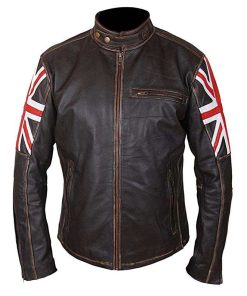 British Flag Union Jack Brown Distressed Leather Motorcycle Jacket