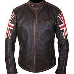British Flag Union Jack Brown Distressed Leather Motorcycle Jacket