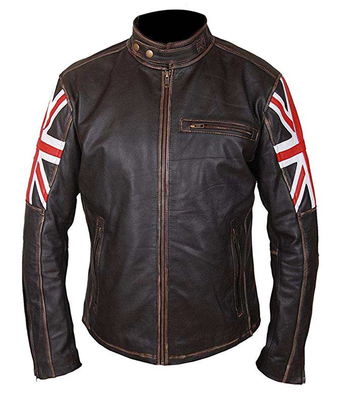 British Flag Union Jack Brown Distressed Leather Motorcycle Jacket