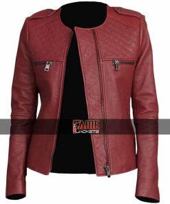 Women's Latest Collarless Maroon Leather Slim Fit Jacket