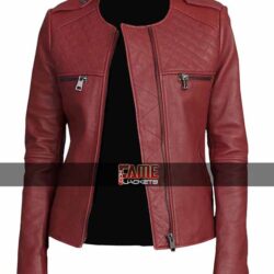 Women's Latest Collarless Maroon Leather Slim Fit Jacket