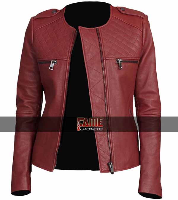 Women's Latest Collarless Maroon Leather Slim Fit Jacket