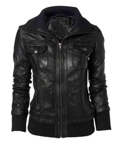 Women's Men's Double Collar Casual Slim Fit Black Leather Jacket
