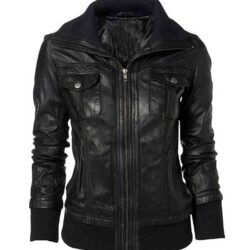 Women's Men's Double Collar Casual Slim Fit Black Leather Jacket