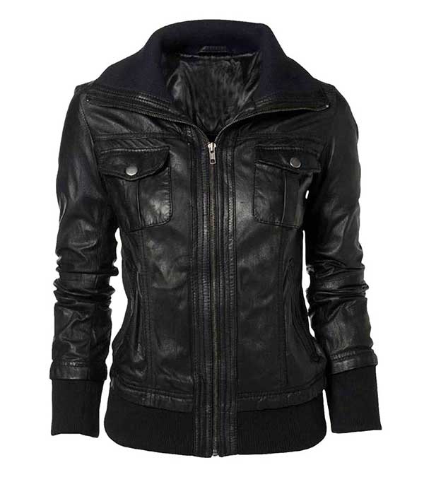 Women's Men's Double Collar Casual Slim Fit Black Leather Jacket