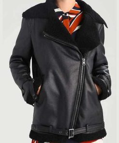 Womens Oversized Black Aviator Shearling Leather Jacket