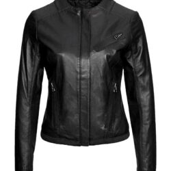 Women's Casual Wear Collarless Black Leather Jacket