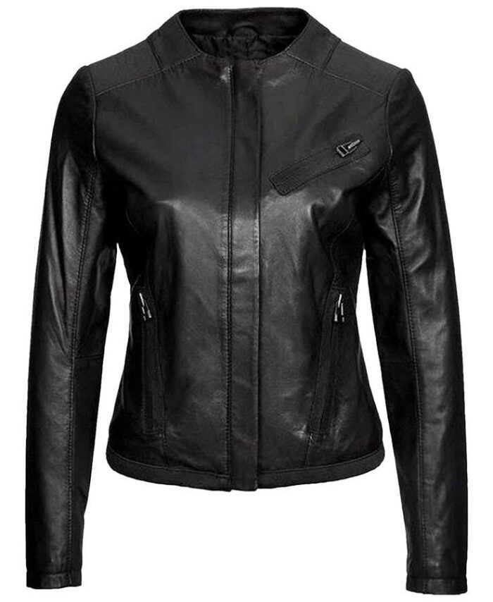 Women's Casual Wear Collarless Black Leather Jacket