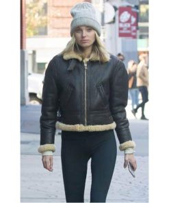 Womens Cropped Aviator Shearling Leather Jacket