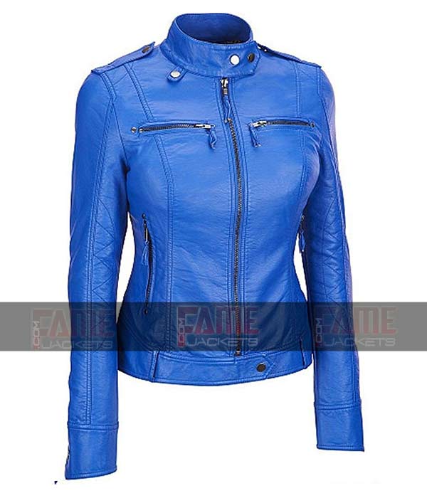 Womens Blue Sheep Leather Slim Fit Motorcycle Jacket Sale 