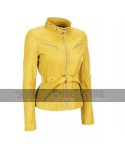 Women Latest Design Yellow Belted Leather Moto Jacket