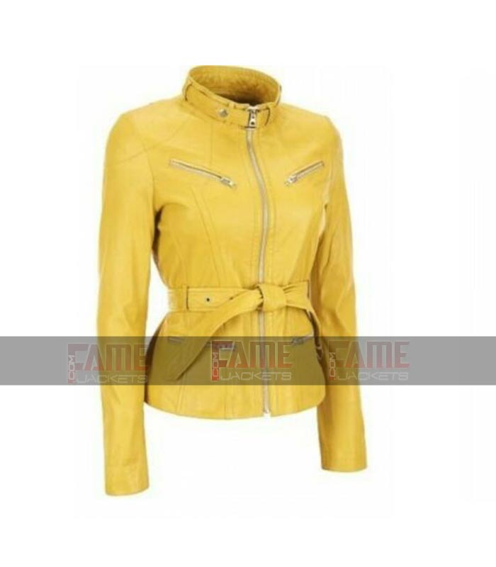 Women Latest Design Yellow Belted Leather Moto Jacket