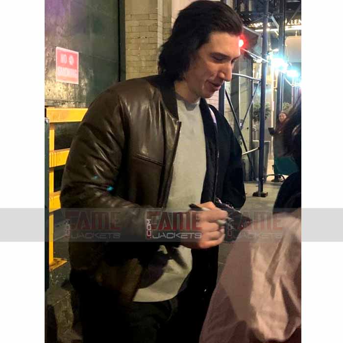 Adam Driver Mens Brown Leather Bomber Jacket