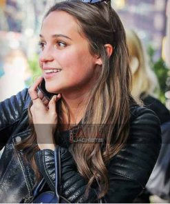 Alicia Vikander Black Leather Biker Jacket