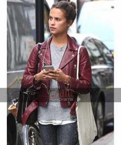 Alicia Vikander Women Burgundy Leather Jacket