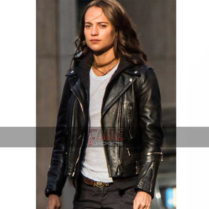 Alicia Vikander Tomb Raider Black Leather Biker Jacket