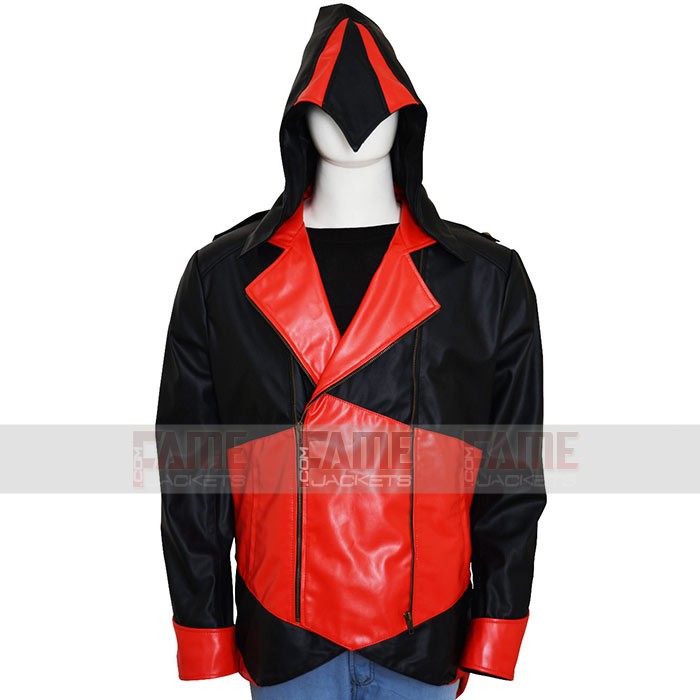 Assassin's Creed 3 Unisex Red & Black Leather Hoodie Jacket