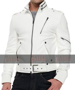 Attractive Zipper Style White Leather Biker Jacket