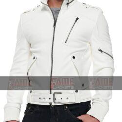 Attractive Zipper Style White Leather Biker Jacket