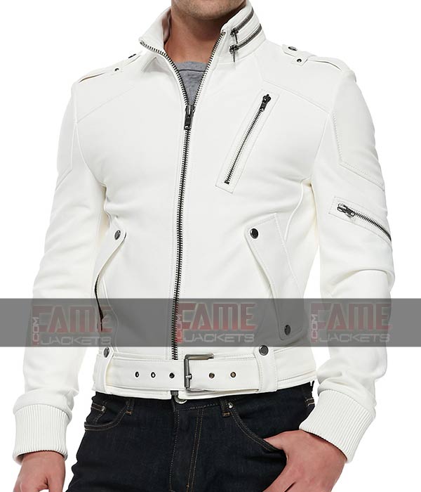 Attractive Zipper Style White Leather Biker Jacket