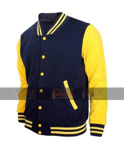 Men Varsity Letterman College Jacket In Navy And Yellow