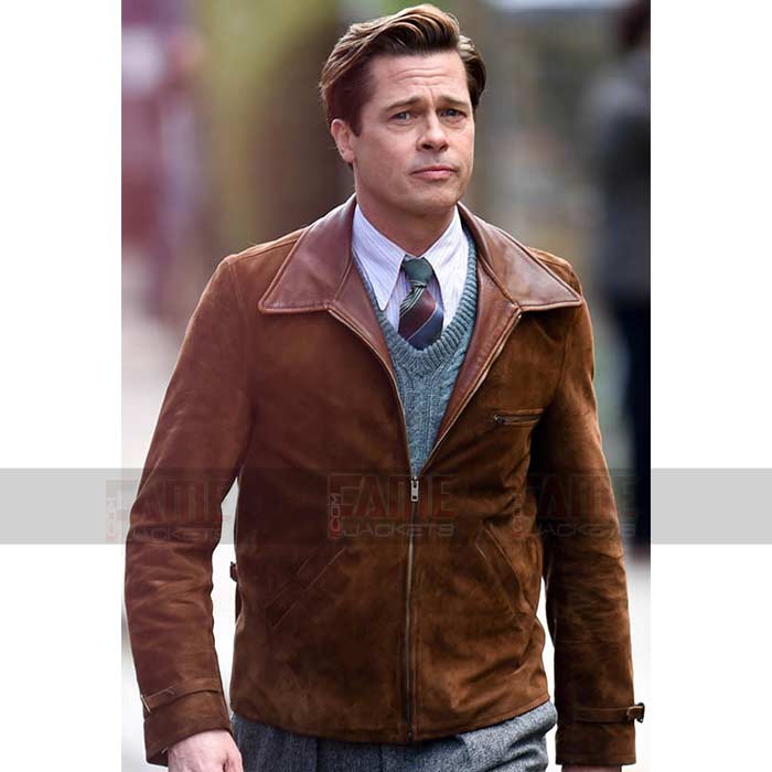 Brad Pitt Allied Men Brown Suede Leather Jacket
