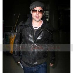 Brad Pitt Distressed Black Leather Bomber Jacket