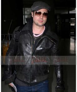 Alternative view of Brad Pitt Distressed Black Leather Bomber Jacket