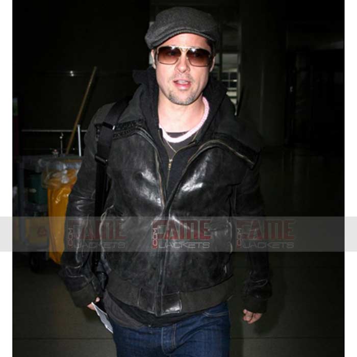 Brad Pitt Distressed Black Leather Bomber Jacket