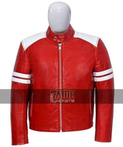 Brad Pitt's Fight Club Red and White Biker Leather Jacket