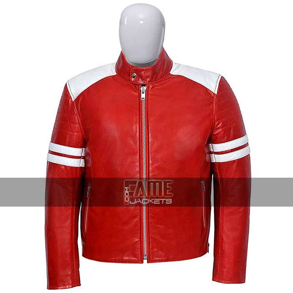 Brad Pitt's Fight Club Red and White Biker Leather Jacket