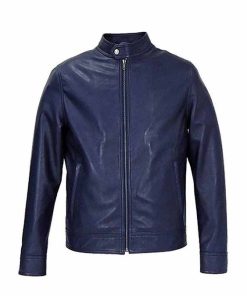 Cafe Racer Real Blue Leather Motorcycle Jacket