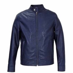 Cafe Racer Real Blue Leather Motorcycle Jacket