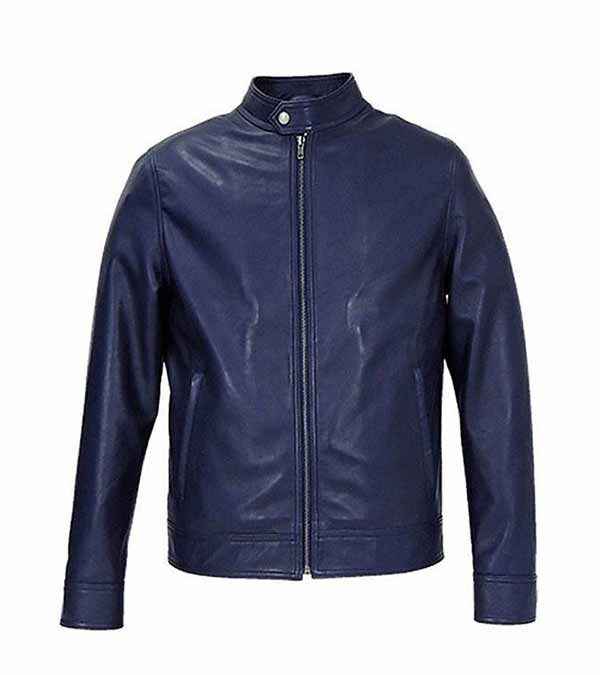Cafe Racer Real Blue Leather Motorcycle Jacket